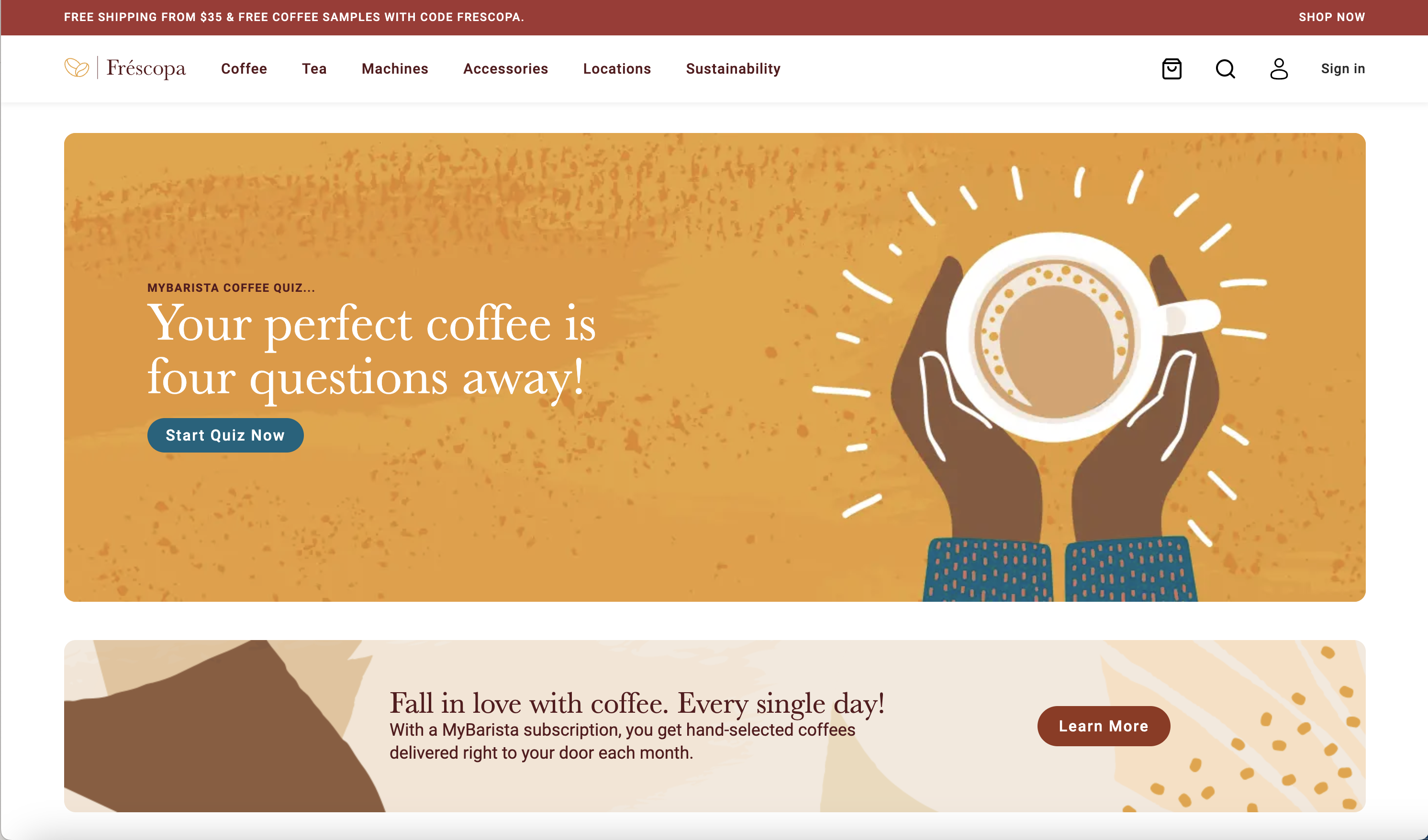 A coffee site's existing landing page — warm amber illustration, friendly but unmemorable.
