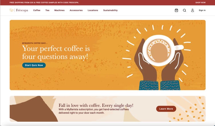 A coffee site's existing landing page — warm amber illustration, friendly but unmemorable.
